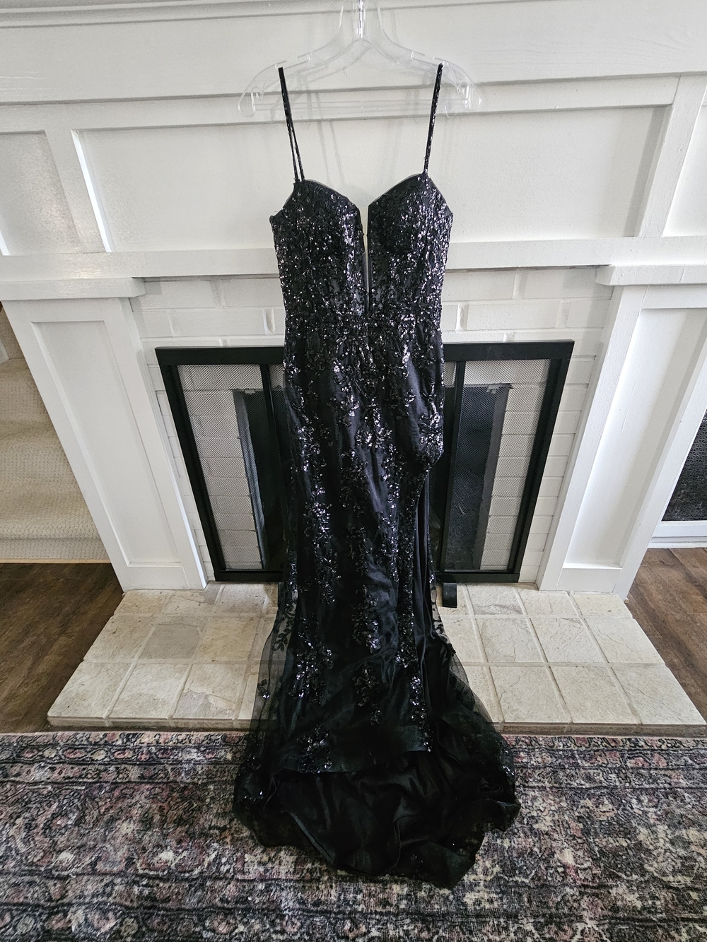 Clarisse Black Sequin Spaghetti-Strap Prom Gown
